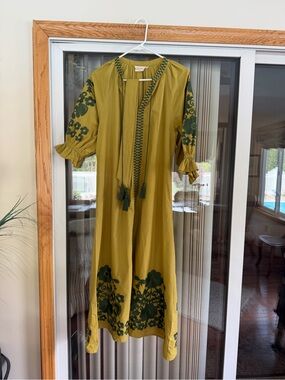 Julia Amory Coatue Embroidered Midi Dress in Chartreuse/Olive Green
